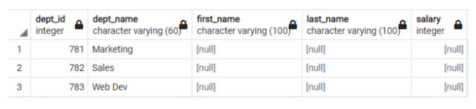 The table with department id, department name, first name, last name, and salary columns, with null values in the name and salary columns