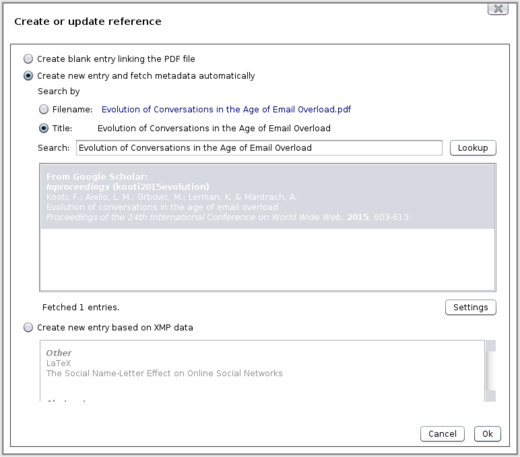 Docear Create or update reference Dialog Docear Create or update reference Dialog
