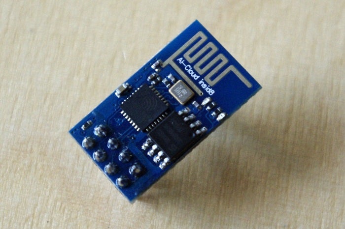 Top side of the E-01 module hosting an ESP8266 MCU. Top side of the E-01 module hosting an ESP8266 MCU.