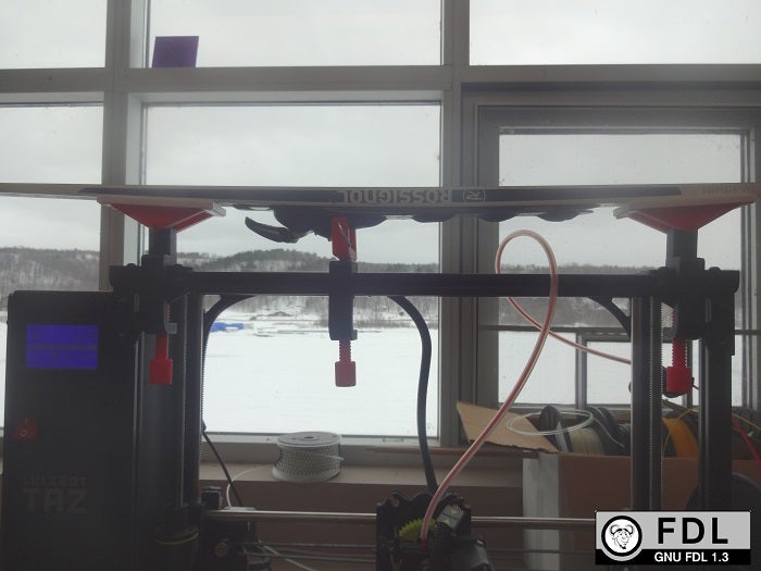 Using the Lulzbot Taz, which was used to print the ski wax rack as a test bed. Using the Lulzbot Taz, which was used to print the ski wax rack as a test bed.