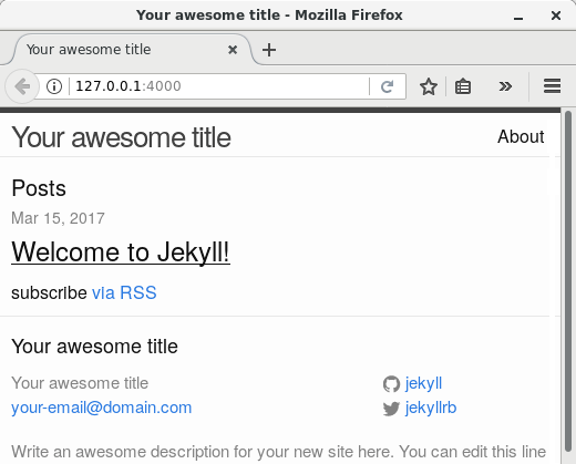 The sample site created with "jekyll new", as shown by Mozilla Firefox. The sample site created with "jekyll new", as shown by Mozilla Firefox.