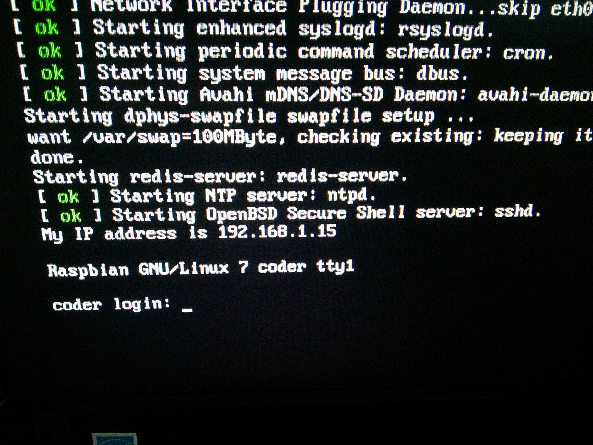 Picture of boot messages in the Raspberry Pi after configuring the Wireless network. Picture of boot messages in the Raspberry Pi after configuring the Wireless network.