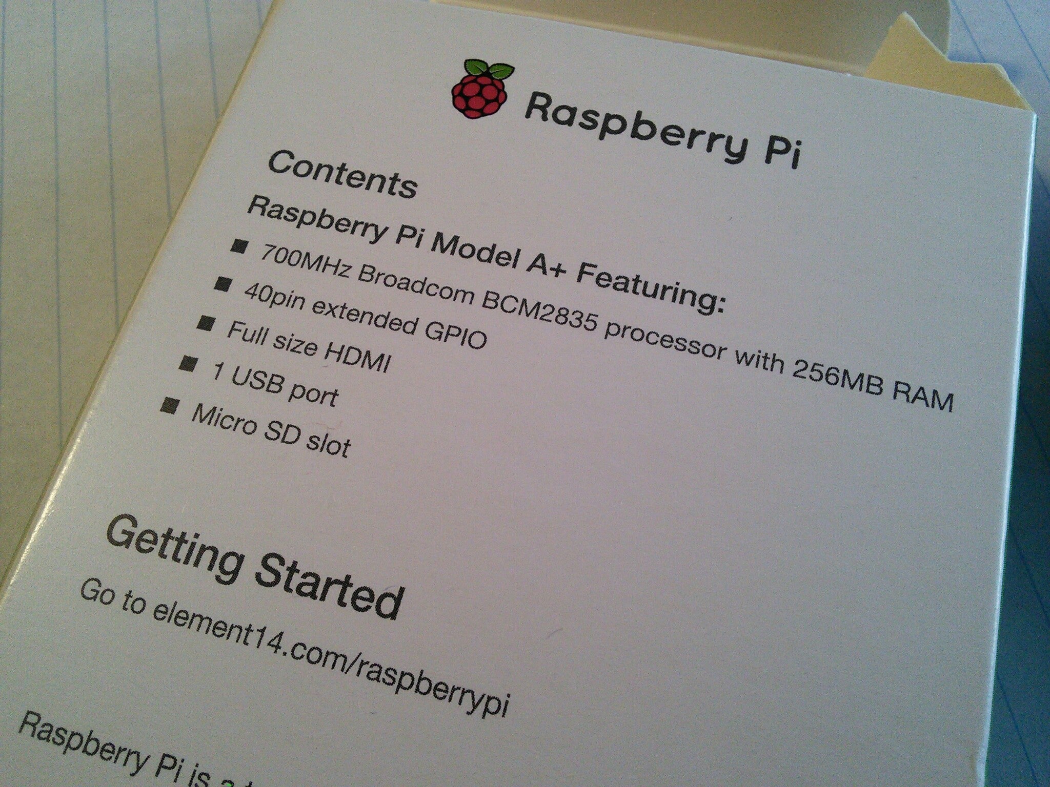 Back of the Raspberry Pi A+ box, with list of specifications. Back of the Raspberry Pi A+ box, with list of specifications.