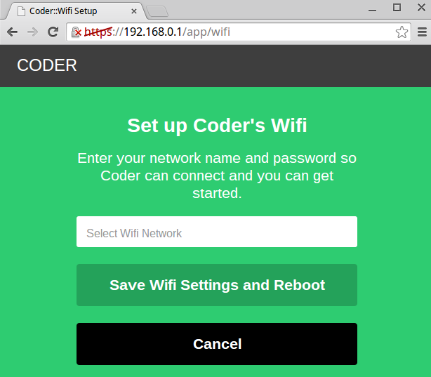 Screenshot of the WiFi configuration page in Coder. Screenshot of the WiFi configuration page in Coder.