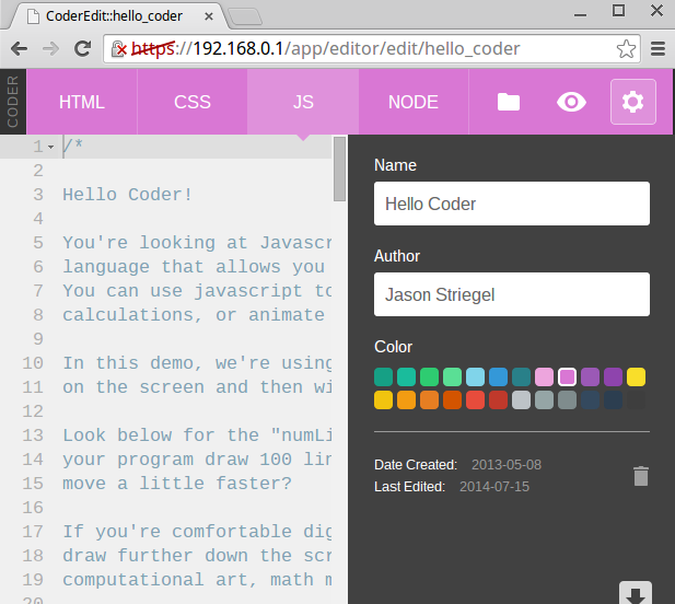 Screenshot of JavaScript editing page in Coder. Screenshot of JavaScript editing page in Coder.