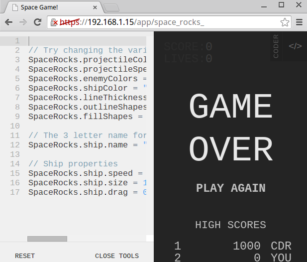 Screenshots of parameters settings in Space Rocks game in Coder. Screenshots of parameters settings in Space Rocks game in Coder.