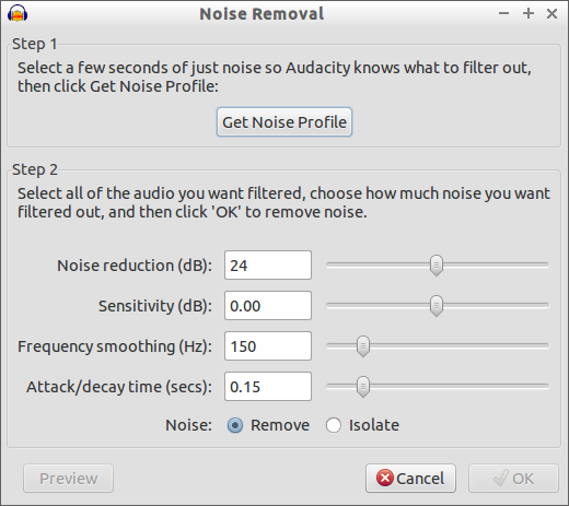 Audacity's noise removal controls Audacity's noise removal controls