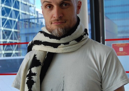 Model Sytse Wierenga sporting a NeuroKnitting swag Artist Mar Canet sporting his NeuroKnitting swag