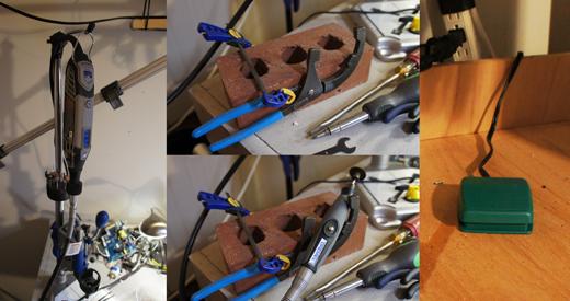 Rotary tool on stand (left), Tool cradle (middle), Foot switch (right) Rotary tool, tool cradle, foot switch