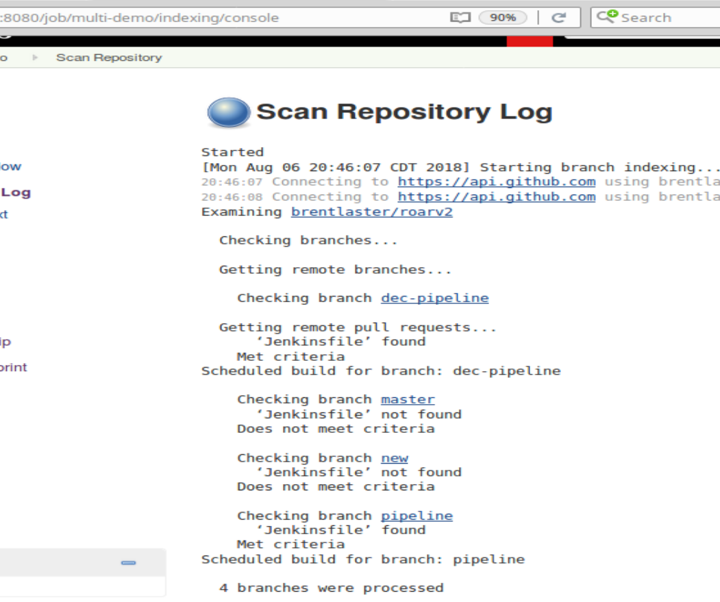 Figure 10: Jenkins checking for Jenkinsfiles to automatically setup jobs in a Multibranch Pipeline