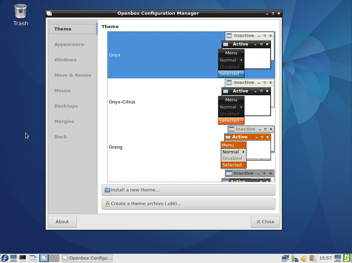 The LXDE desktop with the Openbox Configuration Manager open. The LXDE desktop with the Openbox Configuration Manager open.