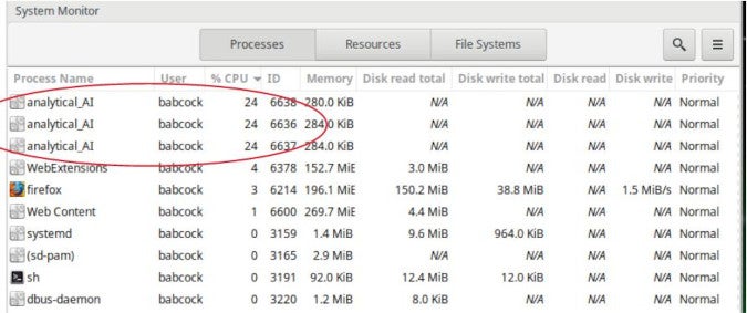 System Monitor Processes panel