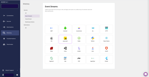 RudderStack event streams dashboard
