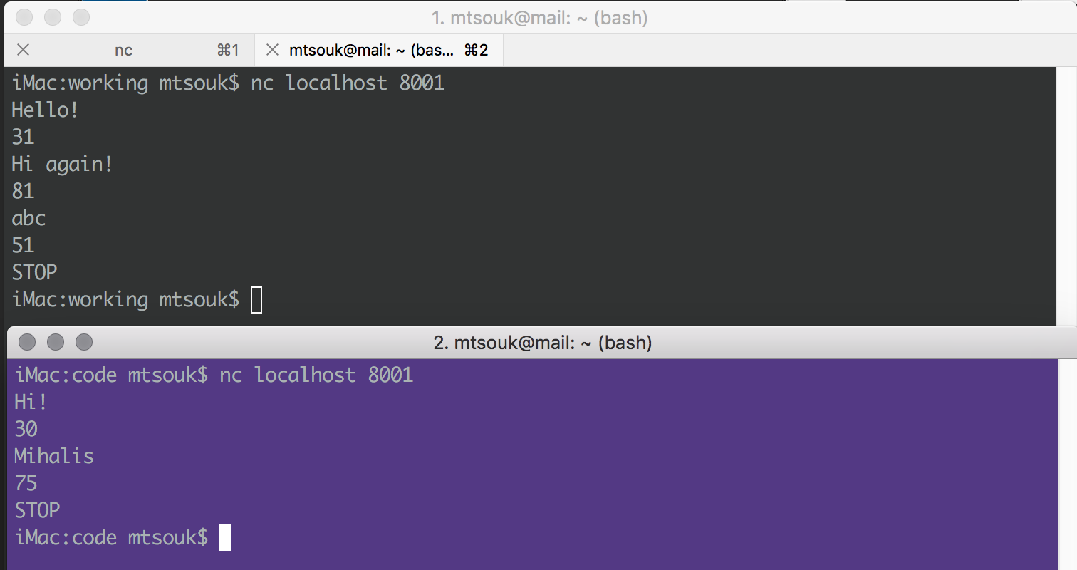 Using the nc(1) utility as the TCP client to concTCP.go.