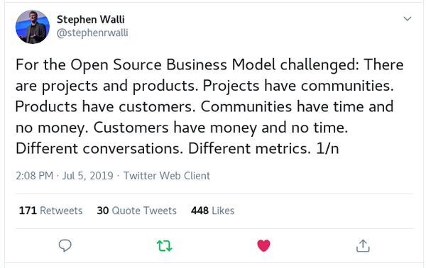 Stephen Walli tweet about open source business models