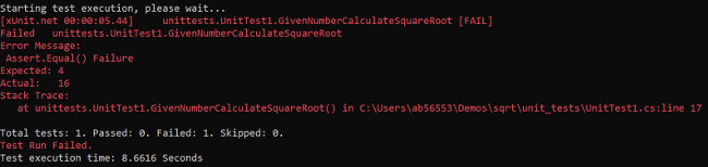 xUnit output after the unit test run fails