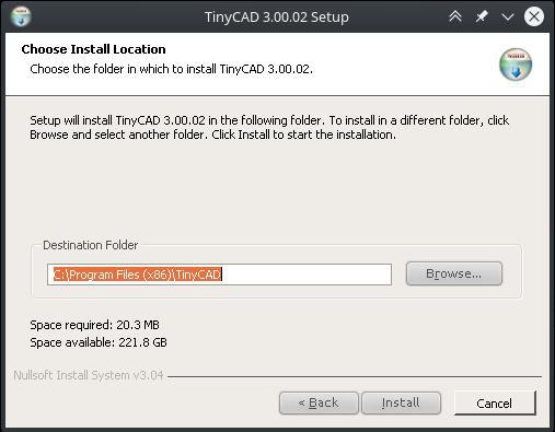 WINE TinyCAD installation and destination drive